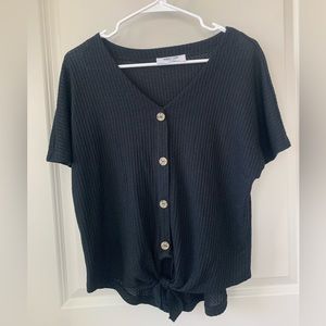 Double zero button down tie black blouse